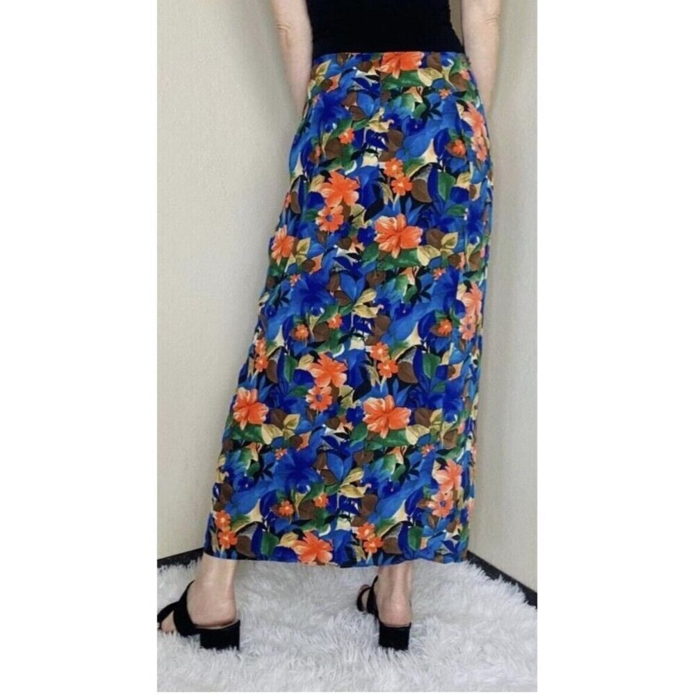 Vintage Express Skirt Womens Sz 9 Silk Blue Multicolor Floral Wrap Maxi Y2K 90s - Picture 2 of 12